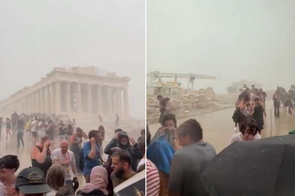 Atina'daki Parthenon Tapınağı'nda etkili olan fırtına ve sağanak yağmur paniğe yol açtı